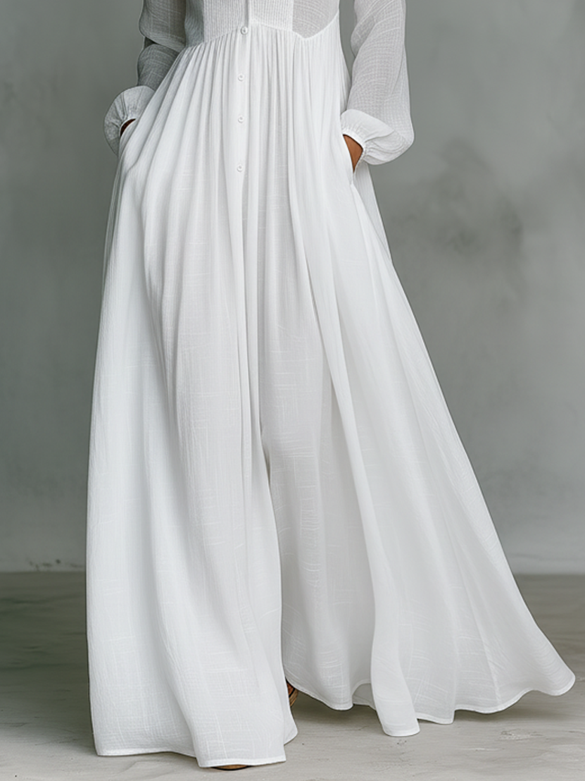 Alessia ∙ Maxi Minimalista in Cotone e Lino con Patchwork, Collo Alto e Maniche Lunghe