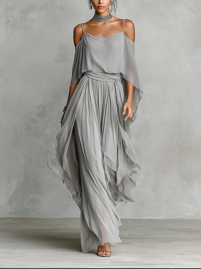Isabella ¦ Set composto da canotta fluida grigia con spalle scoperte e pantaloni in chiffon