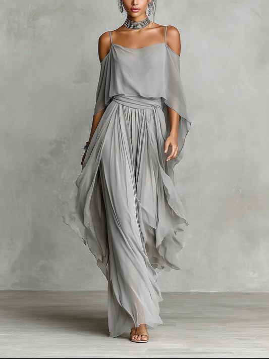 Isabella ¦ Set composto da canotta fluida grigia con spalle scoperte e pantaloni in chiffon