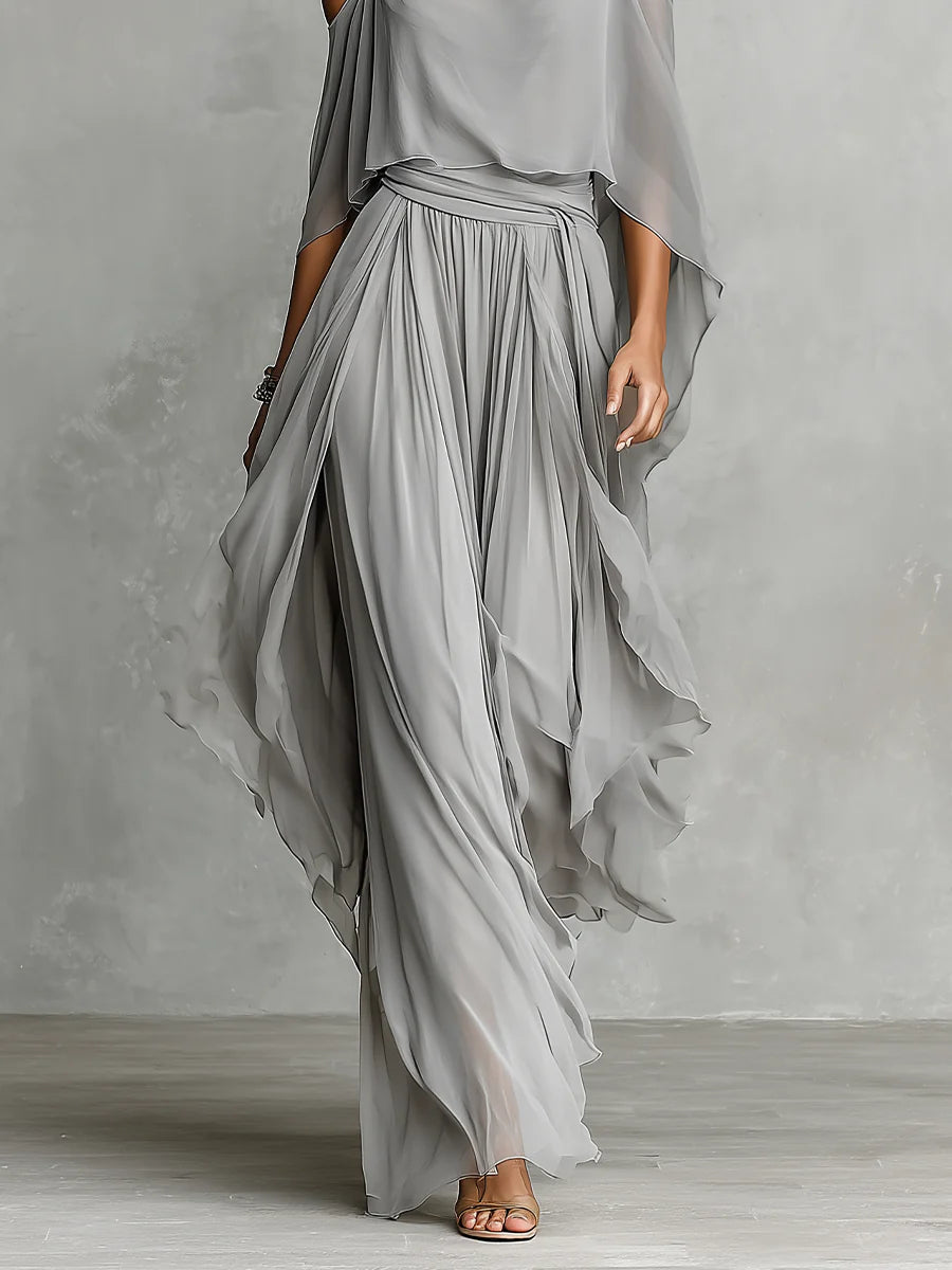 Isabella ¦ Set composto da canotta fluida grigia con spalle scoperte e pantaloni in chiffon
