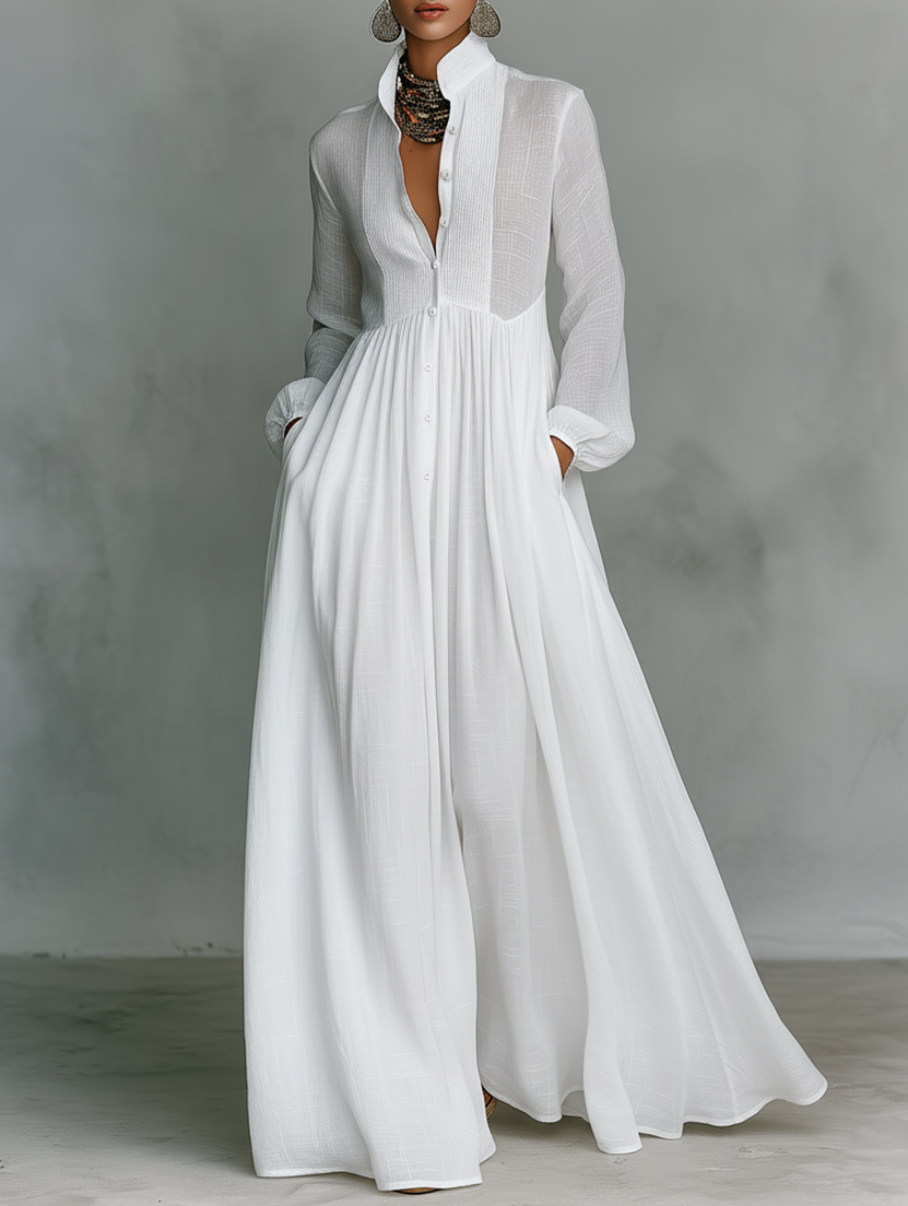 Alessia ∙ Maxi Minimalista in Cotone e Lino con Patchwork, Collo Alto e Maniche Lunghe
