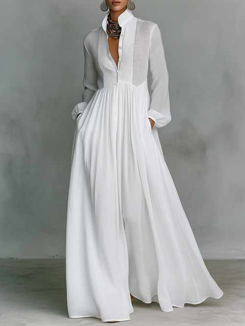 Alessia ∙ Maxi Minimalista in Cotone e Lino con Patchwork, Collo Alto e Maniche Lunghe