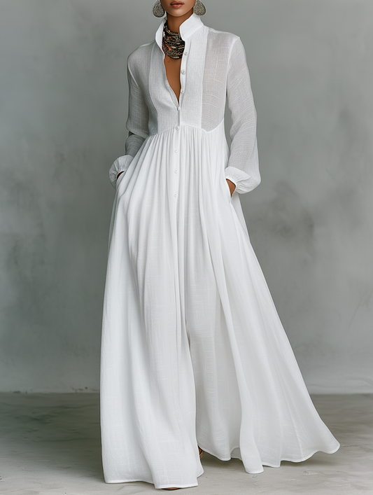 Alessia ∙ Maxi Minimalista in Cotone e Lino con Patchwork, Collo Alto e Maniche Lunghe