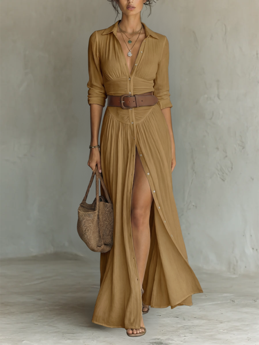 Bianca | Abito Maxi Lungo con Collo a Revers e Maniche Lunghe in Lino per Donna