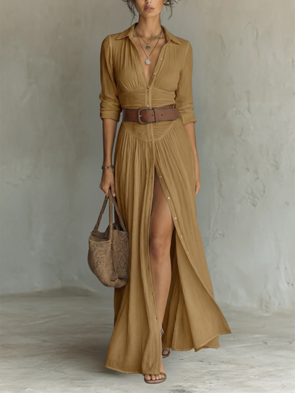 Bianca | Abito Maxi Lungo con Collo a Revers e Maniche Lunghe in Lino per Donna