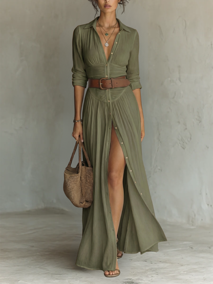 Bianca | Abito Maxi Lungo con Collo a Revers e Maniche Lunghe in Lino per Donna