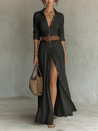Bianca | Abito Maxi Lungo con Collo a Revers e Maniche Lunghe in Lino per Donna