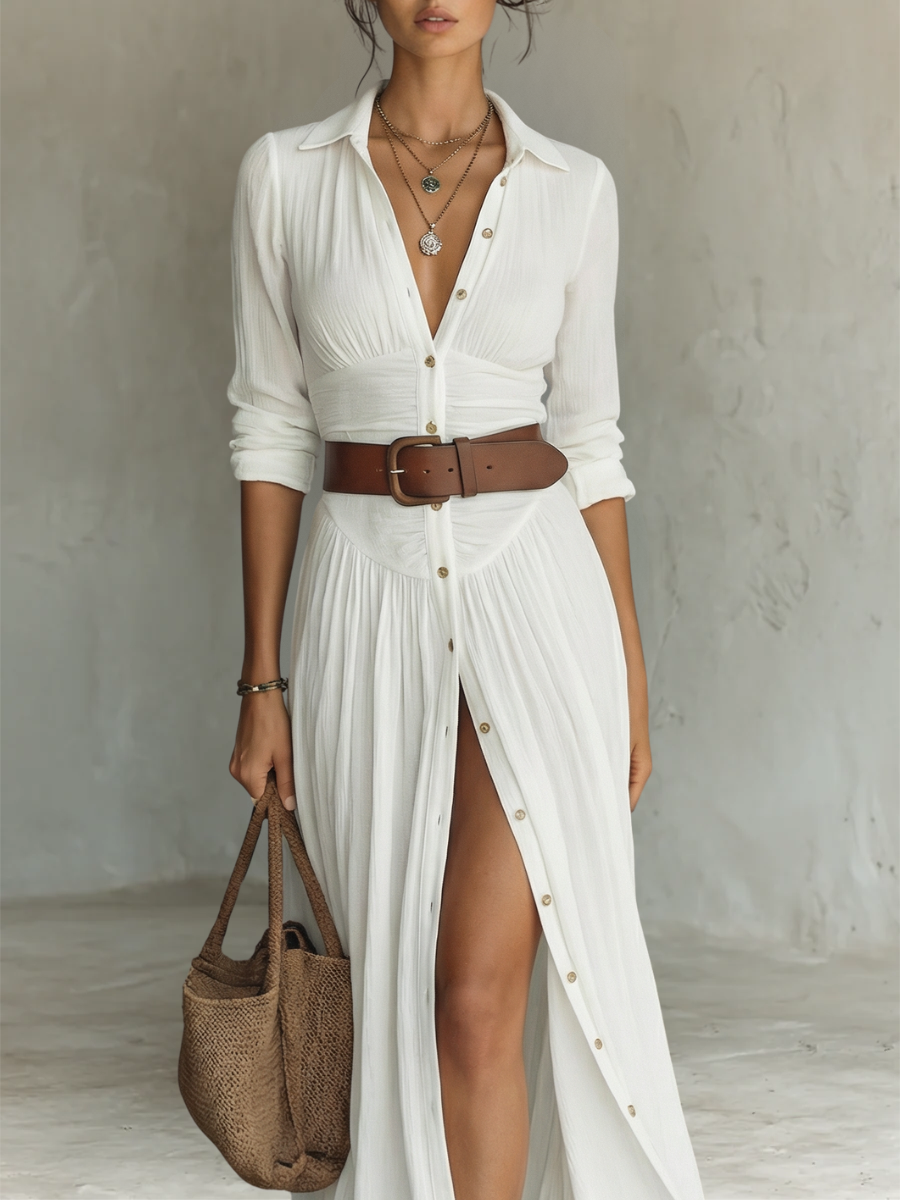 Bianca | Abito Maxi Lungo con Collo a Revers e Maniche Lunghe in Lino per Donna