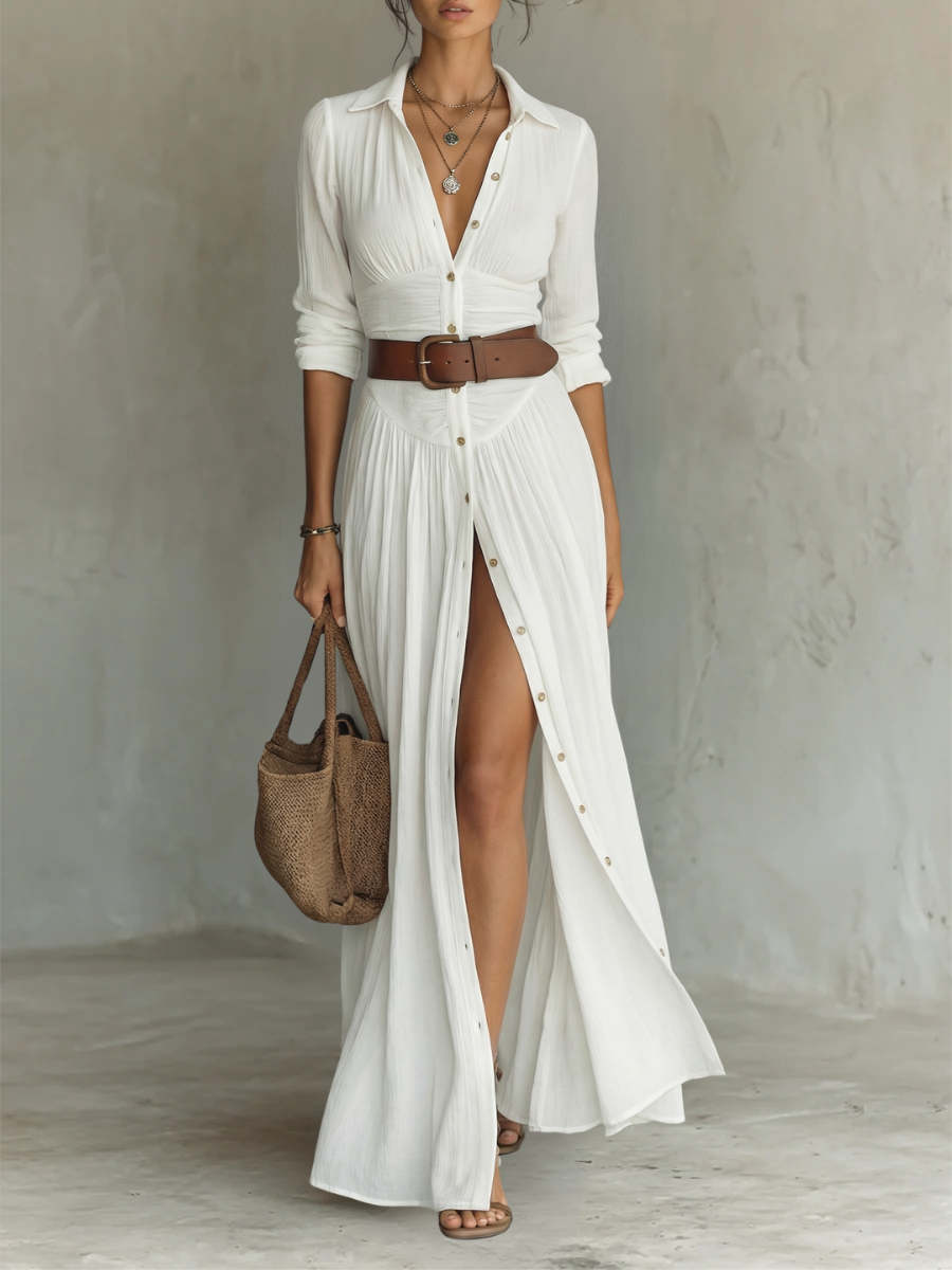 Bianca | Abito Maxi Lungo con Collo a Revers e Maniche Lunghe in Lino per Donna