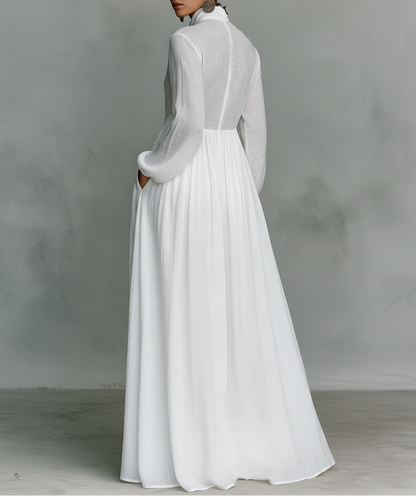 Alessia ∙ Maxi Minimalista in Cotone e Lino con Patchwork, Collo Alto e Maniche Lunghe