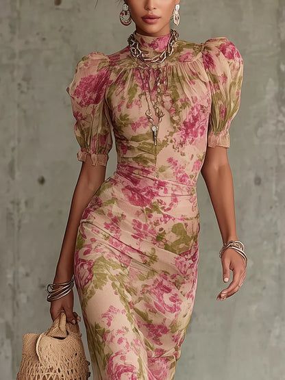 Fiora - Abito lungo con stampa vintage a rose e maniche a sbuffo