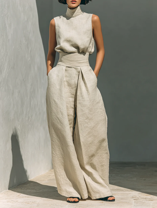 Aurora • Set composto da top senza maniche beige in misto cotone-lino finto e pantaloni a gamba larga