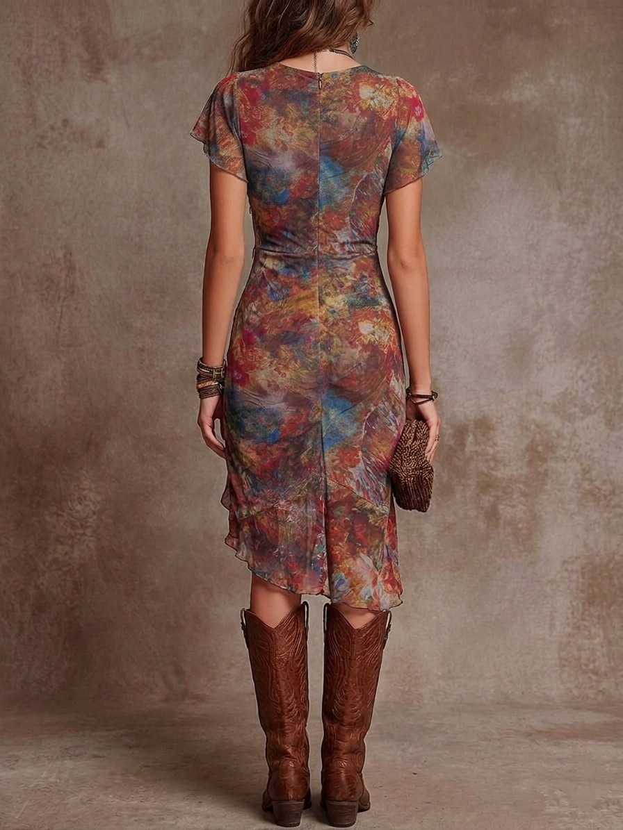 Martina · Vestito midi plissettato con scollo a V, stampa d'arte astratta in stile bohemiano