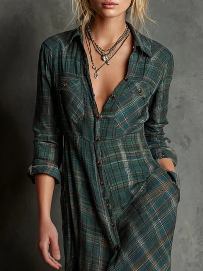 Livia - Vestito lungo con colletto camicia e motivo a quadri verdi