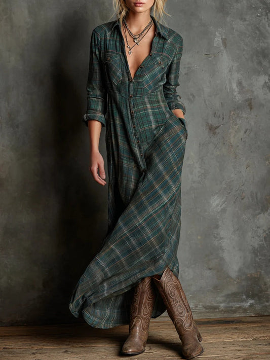 Livia - Vestito lungo con colletto camicia e motivo a quadri verdi