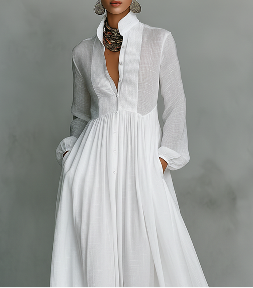 Alessia ∙ Maxi Minimalista in Cotone e Lino con Patchwork, Collo Alto e Maniche Lunghe