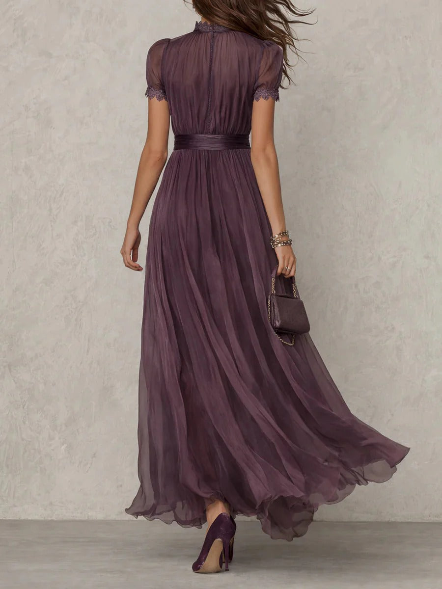 Flavia - Abito lungo viola con scollo a goccia e bordo in pizzo di chiffon