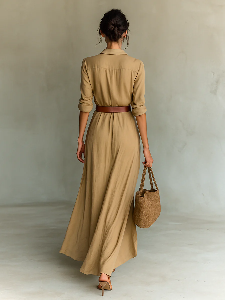 Abito Maxi Lungo con Collo a Revers e Maniche Lunghe per Donne